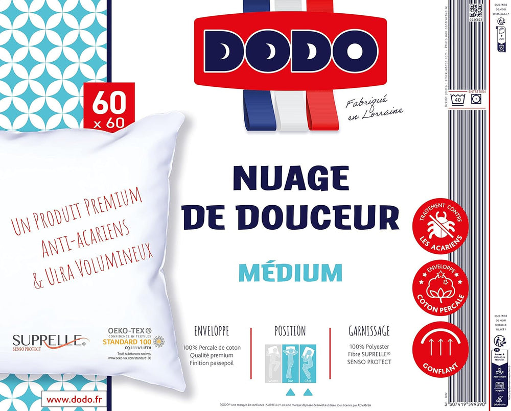 Oreiller DODO Premium, 60 X 60 cm, Confort Moyen, Oreiller Cloud De Douceur | Anti-acariens et moelleux | Percale de coton + Passepoil Lavable en machine à 40 °C Oreillers standards Naty Shop