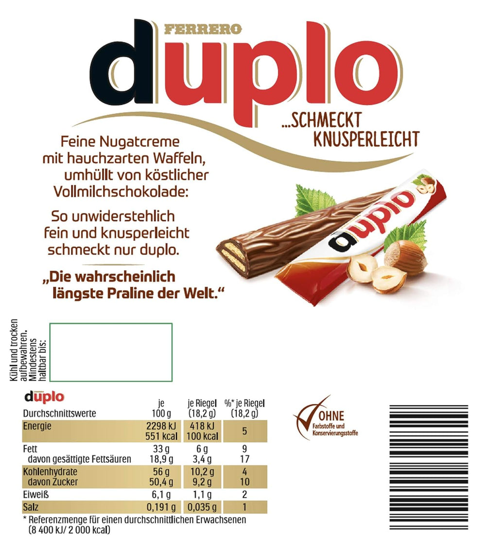 Ferrero duplo Large Pack - Barres de chocolat avec crème de nougat fine, gaufrette croquante et chocolat au lait fin - Bonbons Carnaval et Mardi Gras - 15 paquets de 18 barres emballées individuellement