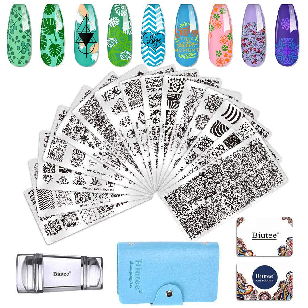 Biutee Nail Stamper 30 Pièces Ensemble de Tampons à Ongles Modèle d'Ongle Stamping d'Ongles Animaux Fleurs Images Plaque de Stamping d'Ongles avec 2 Tampons 2 Grattoirs Accessoires de Conception d'Ongles Tampon à Ongles Français