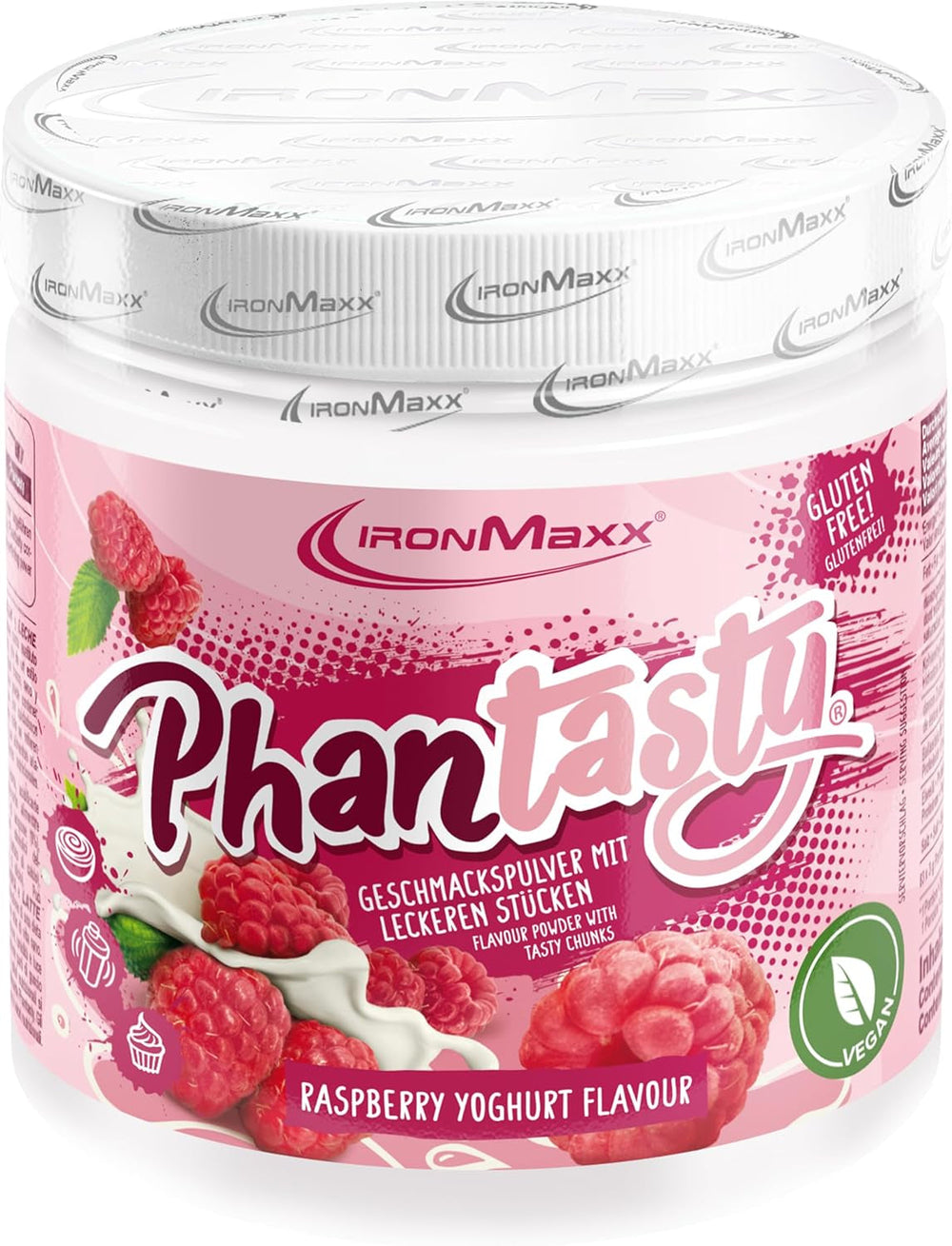 Ironmaxx Phantasty - Pêche crémeuse Dose de 250G | Vegan Geschmackspulver Mit Echten Frucht-Oder Nussstückchen | Perfekter Zuckerersatz Édulcorants Naty Shop 250 G (1Er Pack) Yaourt Framboise