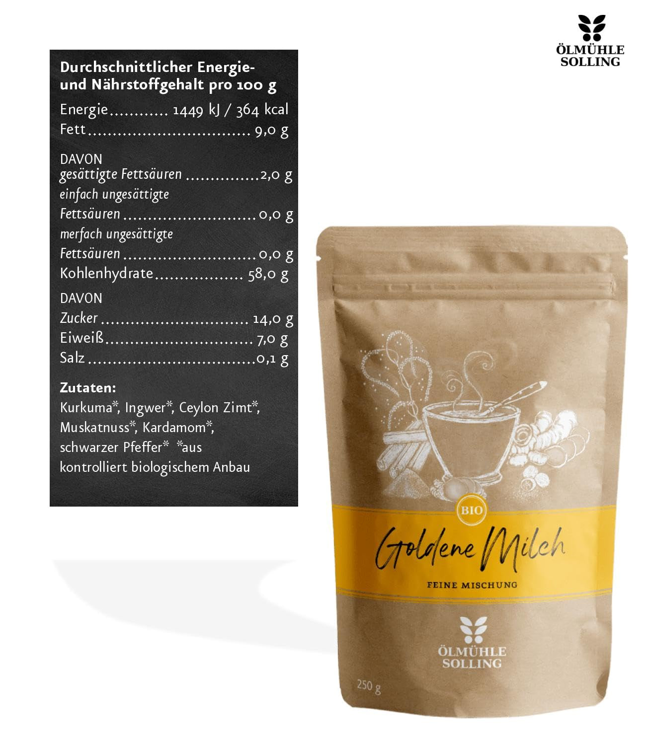 - BIO Goldene Milch Gewürzmischung | Gewürzmischung aus 100 % Bio-Zutaten für die Zubereitung von Goldener Milch. Aussi idéal que Zutat pour Smoothies et Bowls | Contenu : 250 g