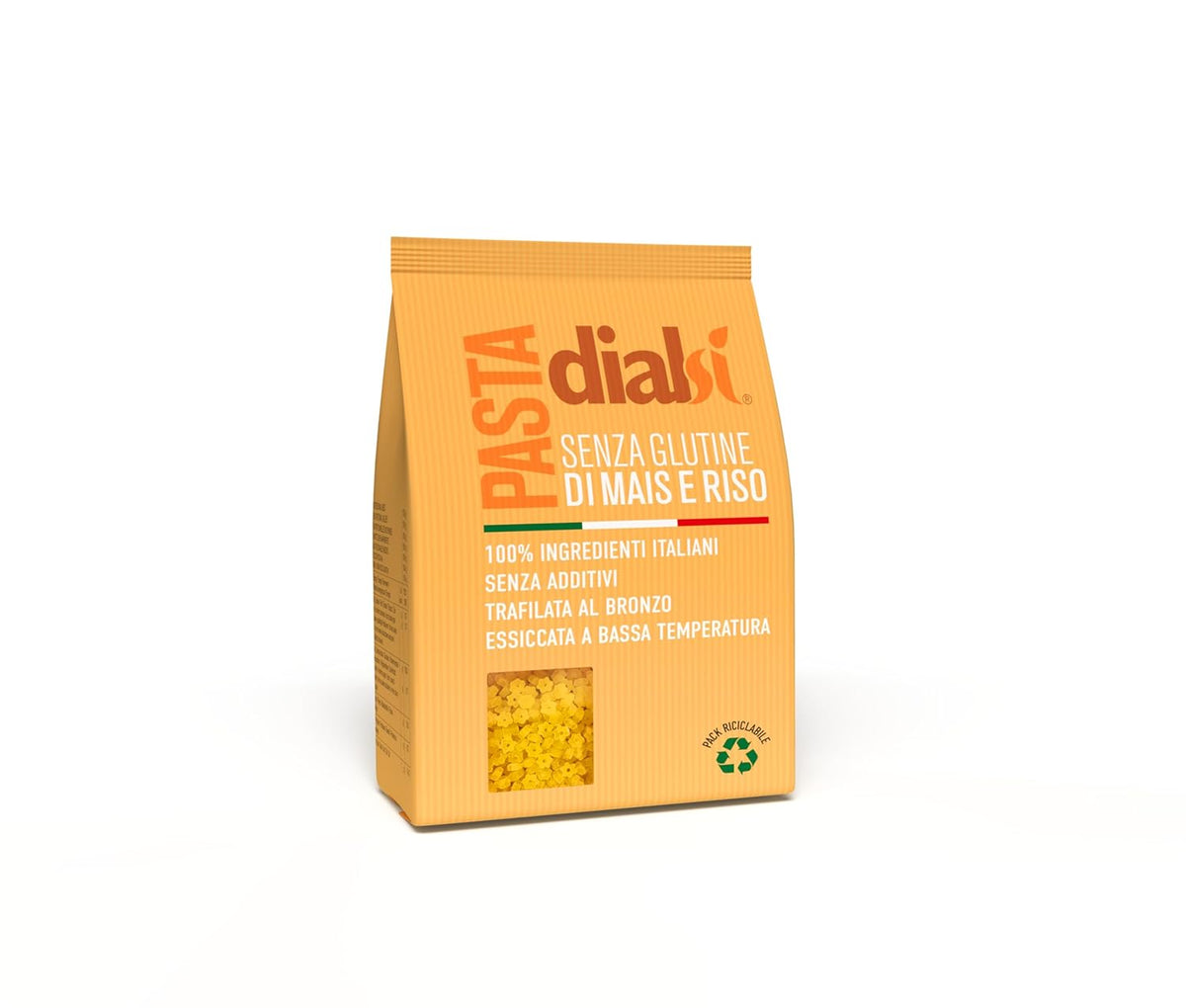 Pâtes en forme d'étoile Dialsi, pâtes de maïs et de riz sans gluten, cuites au bronze, ingrédients 100 % italiens, sans additifs, cuisent en 8 à 9 minutes, paquet de 300 g