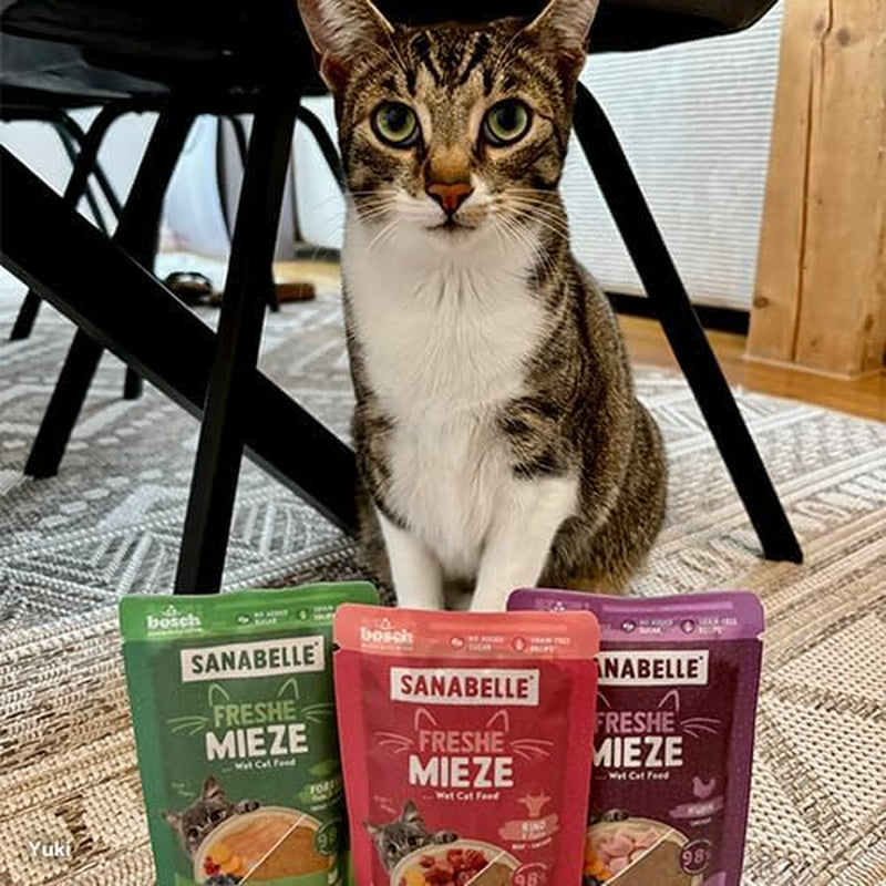 Sanabelle Freshe Mieze - Mixtray | 10 x 100g Mixpack | 4 varietăți delicioase de hrană pentru pisici de încercat | Hrană umedă pentru pisici gătită la abur, exact ca proaspăt gătită