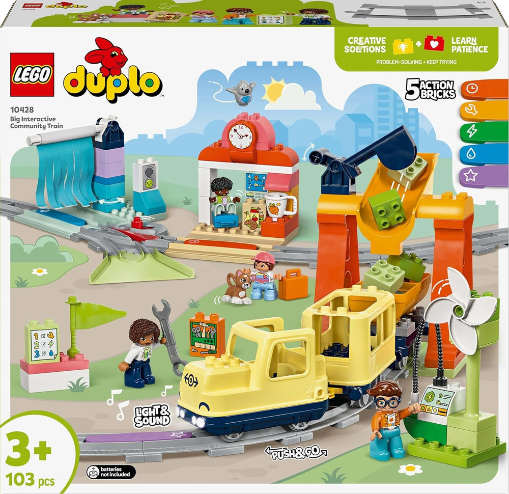 LEGO DUPLO Große interaktive Eisenbahn -Lernspielzeug für Kleinkinder ab 3 Jahren – inkl. Schieb-und-los-Zug mit Licht und Sound, 16 Gleisstücke & 4 Figuren – Geschenk für Jungen & Mädchen - 10428