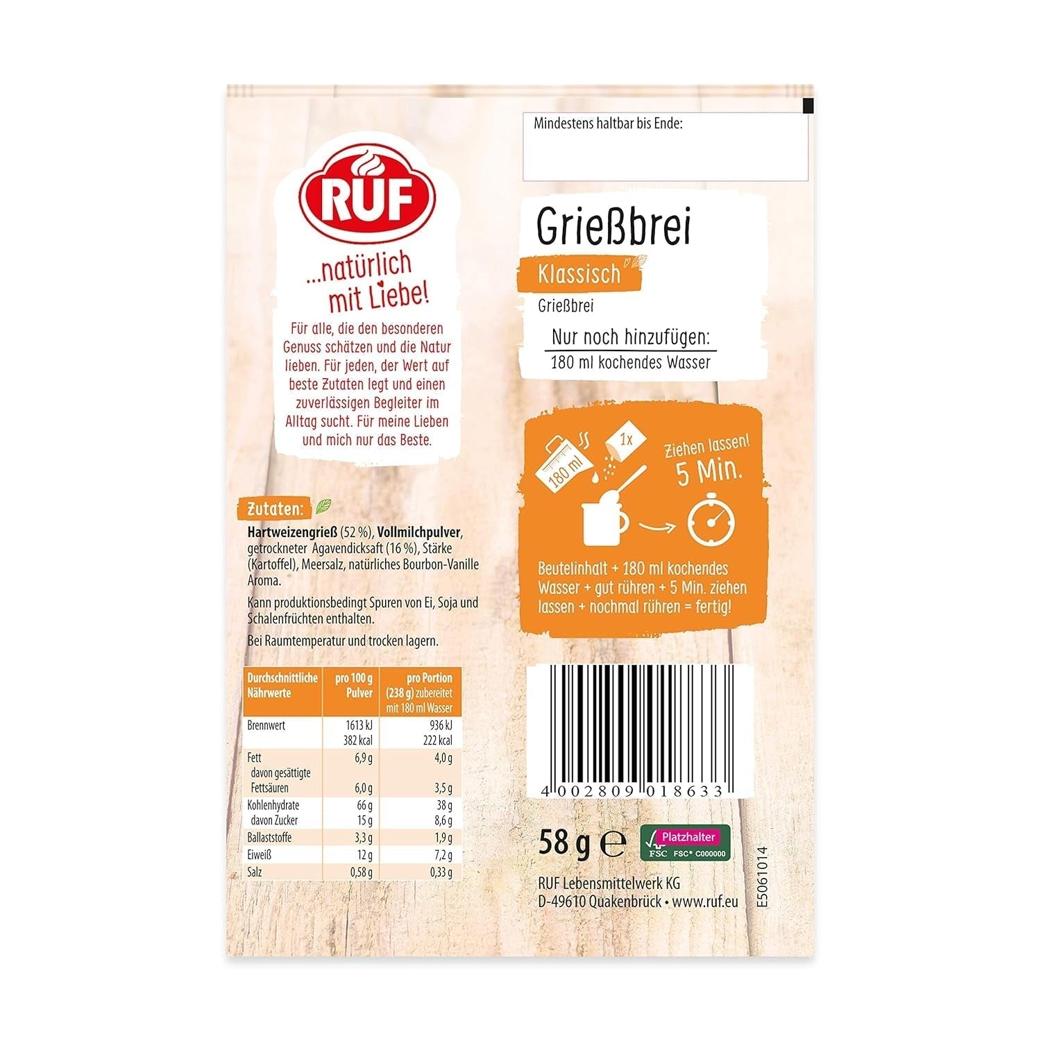 RUF Tassen-Grießbrei Klassisch, Instant Grießbrei Aus Der Tasse, Tassengericht Ideal Für Unterwegs or Zwischendurch, Fertig in 5 Minuten, 1 X 58G Cereale Naty Shop