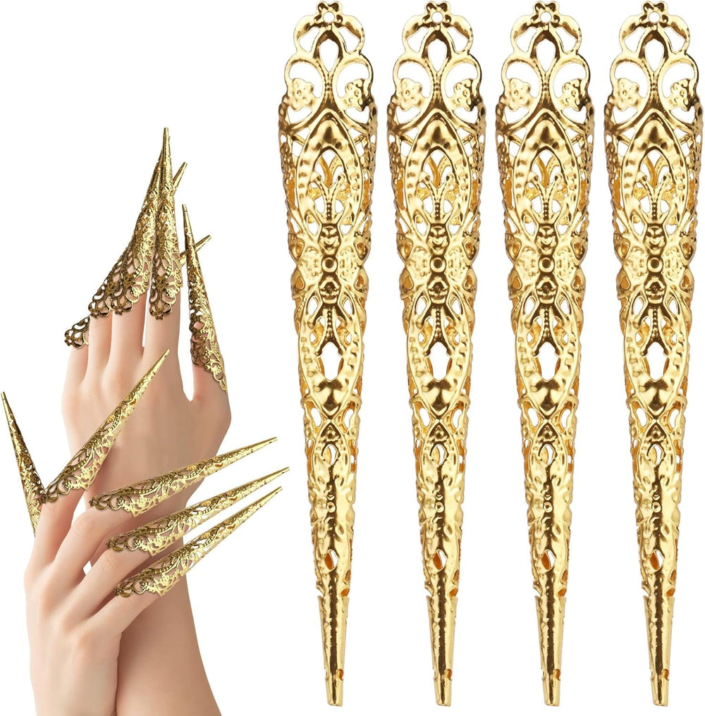 Mwoot 10 pièces Halloween or faux ongles antique faux ongles reine Cosplay Costume doigt ongles pointe anneaux doigt ongles pointe griffe ongles anneaux griffe ongles anneaux pour les femmes