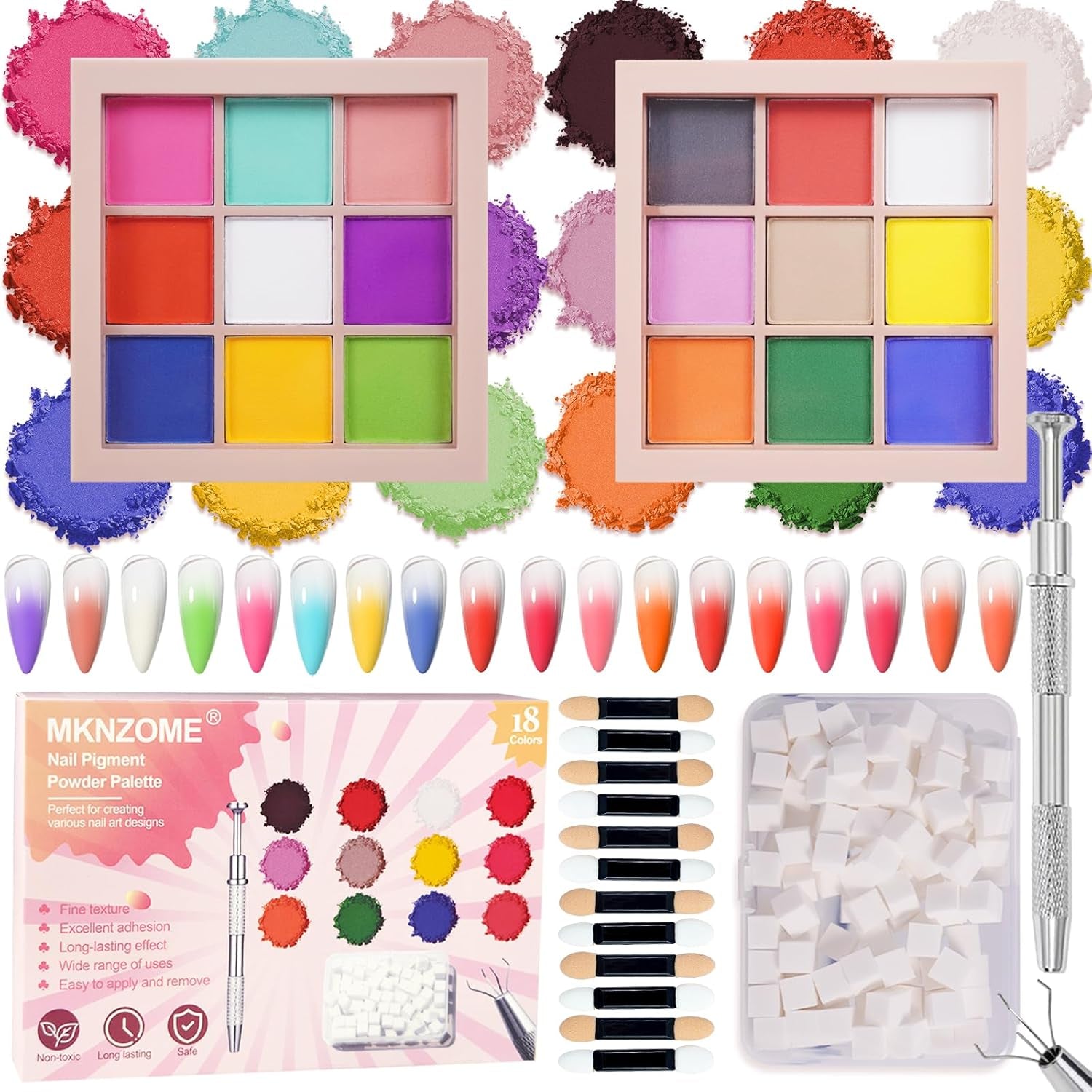 9 couleurs pigment pour ongles, poudre à ongles en poudre, 100 pièces de poudre pour nail art avec poudre métallique, poudre de poudre ombrée pour décoration d'ongles pour bricolage, B