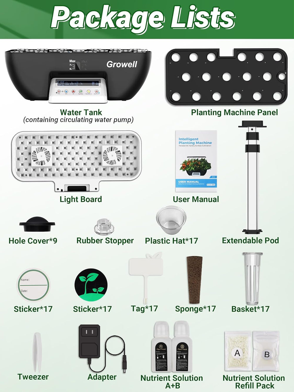 Kit hydroponique de 17 capsules pour jardin d'herbes aromatiques avec 102 lampes de culture à spectre complet de 28 W et 2 ventilateurs pour jardin intérieur avec réservoir de pompe à eau