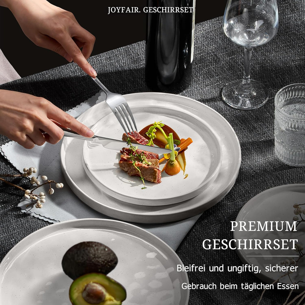 Service de table pour 6 personnes, 18 pièces en grès, assiettes à vernis réactif, assiettes plates, assiettes à dessert et bols à céréales, passe au micro-ondes et au lave-vaisselle, teinté blanc