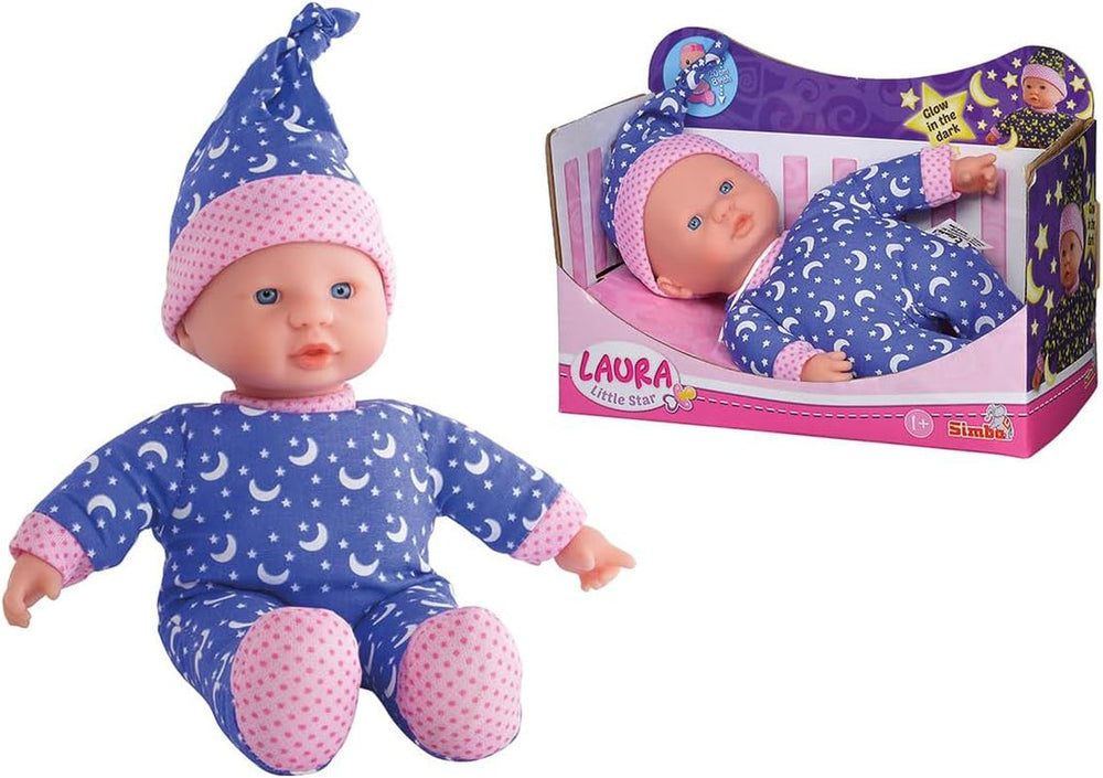 Simba 105010010 - Poupée au corps doux Laura Little Star en jolie robe et chapeau avec lunes et étoiles scintillantes 20 cm poupée qui brille dans le noir pour 12 mois + Blue Dolls Naty Shop