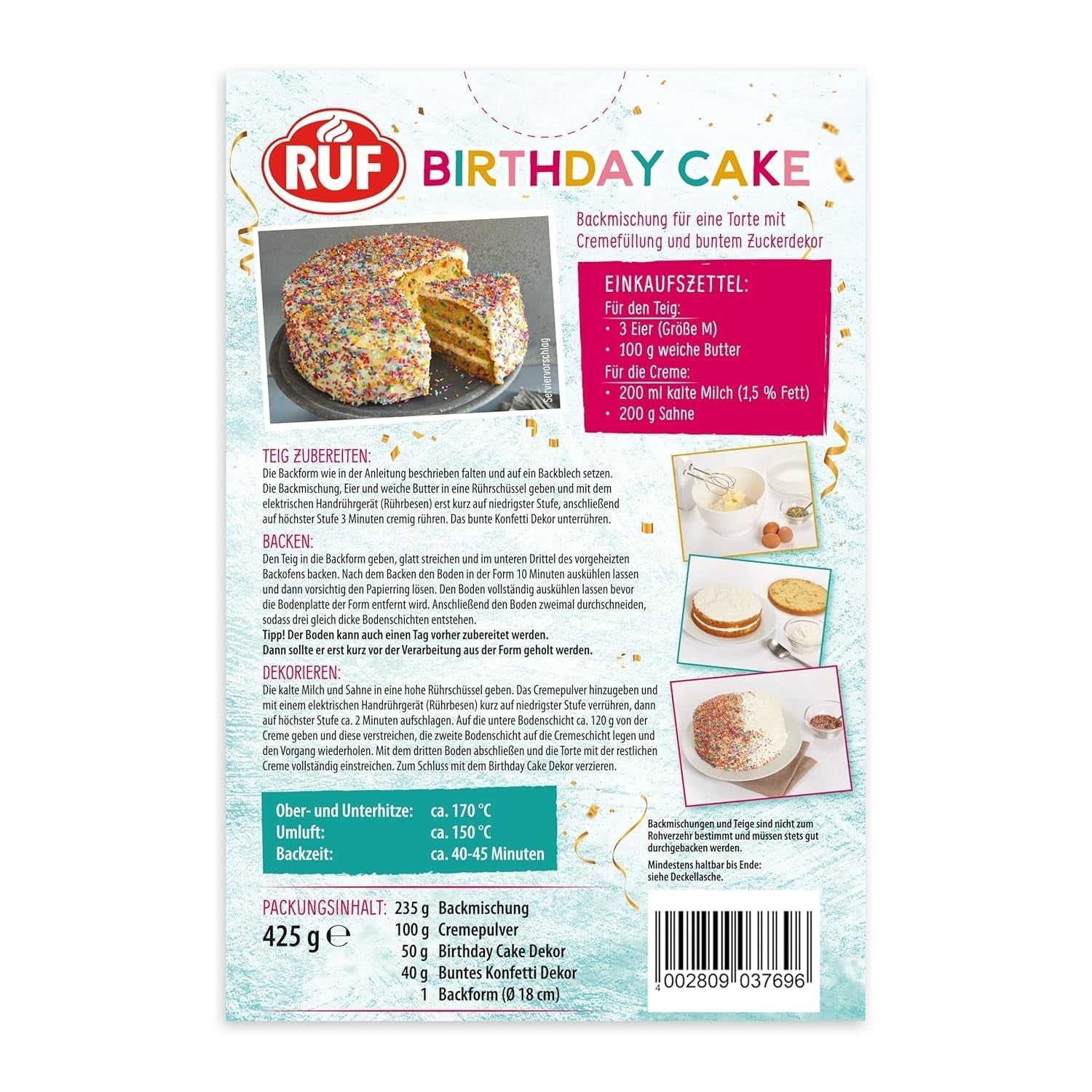 RUF Birthday Cake, Geburtstagskuchen, Schicht-Torte Aus Rührteig Und Konfetti-Streusel, Tortencreme Und Buntem Dekor-Mix, Für Kindergeburtstag, Familienfeier, Einschulung, 1X425G Glaçages et décoration Naty Shop