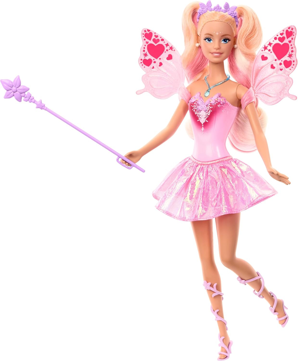 Mattel Barbie Doll Fairy cu baghetă de jucărie și accesorii de modă, temă fantastică cu aripi și ținută care își schimbă culoarea, JCP76, [Multicolor] Papusi Naty Shop Titlu implicit