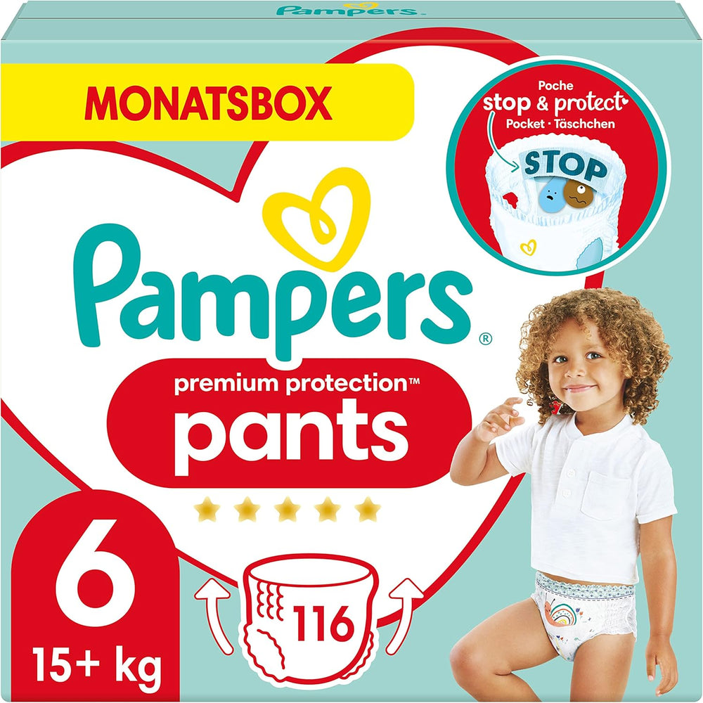 Pantalon de protection Pampers Premium Taille 7, 123 couches, 15 kg+, avec réglage à 360° et poignets anti-fuites souples pour un confort et une protection optimaux