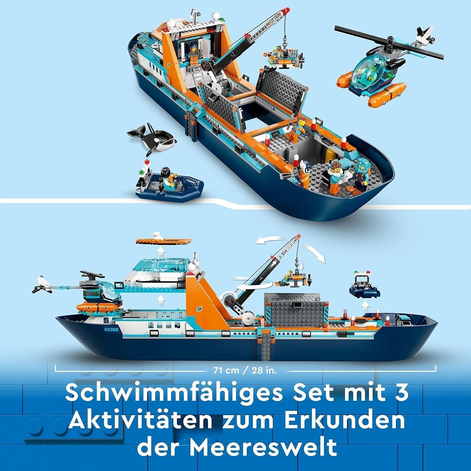 Navire de recherche arctique LEGO City, grand bateau jouet flottant avec hélicoptère, bateau gonflable, sous-marin Rov, épave viking, 7 figurines et figurine d'orque, cadeau pour les enfants à partir de 7 ans 60368 Ensembles de construction Besuche den LEGO-Store