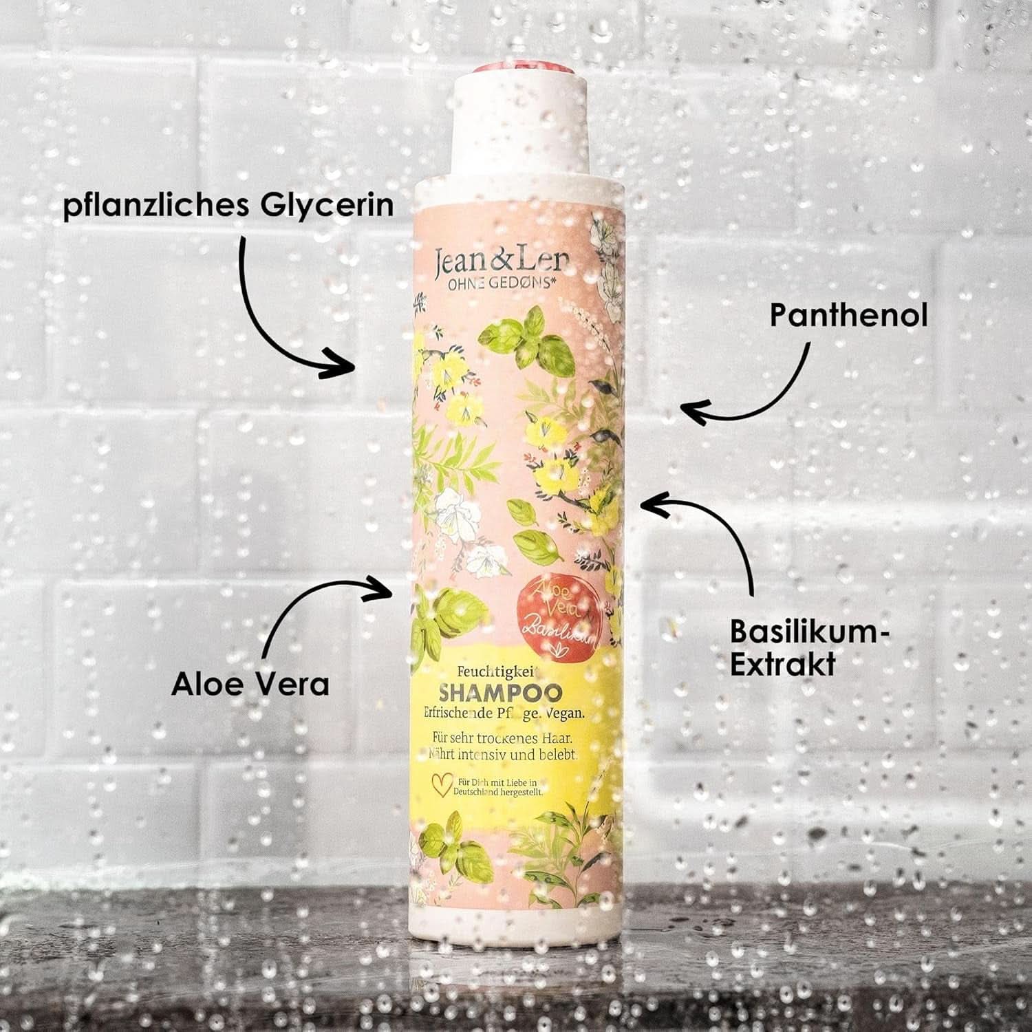 Jean & Len Shampoing hydratant Aloe Vera & Basilic, pour cheveux très secs, 300 ml Douche et bain Naty Shop