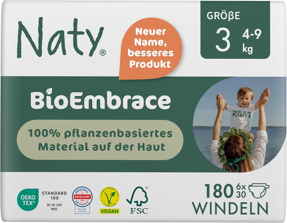 Scutece pentru bebeluși Naty BioEmbrace, mărimea 5 (11–25 kg) | 100% materiale pe bază de plante, delicate cu pielea | Moliciune respirabilă, testate dermatologic, absorbție excelentă | 80 buc.