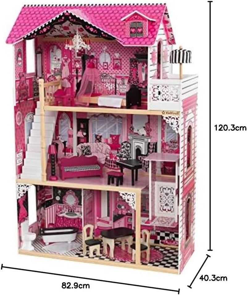 Kidkraft Maison de poupée en bois Amelia avec meubles et accessoires, ensemble de jeu avec balcon et ascenseur pour poupées de 30 cm, jouet pour 3 ans, 65093 Naty Shop Dollhouses