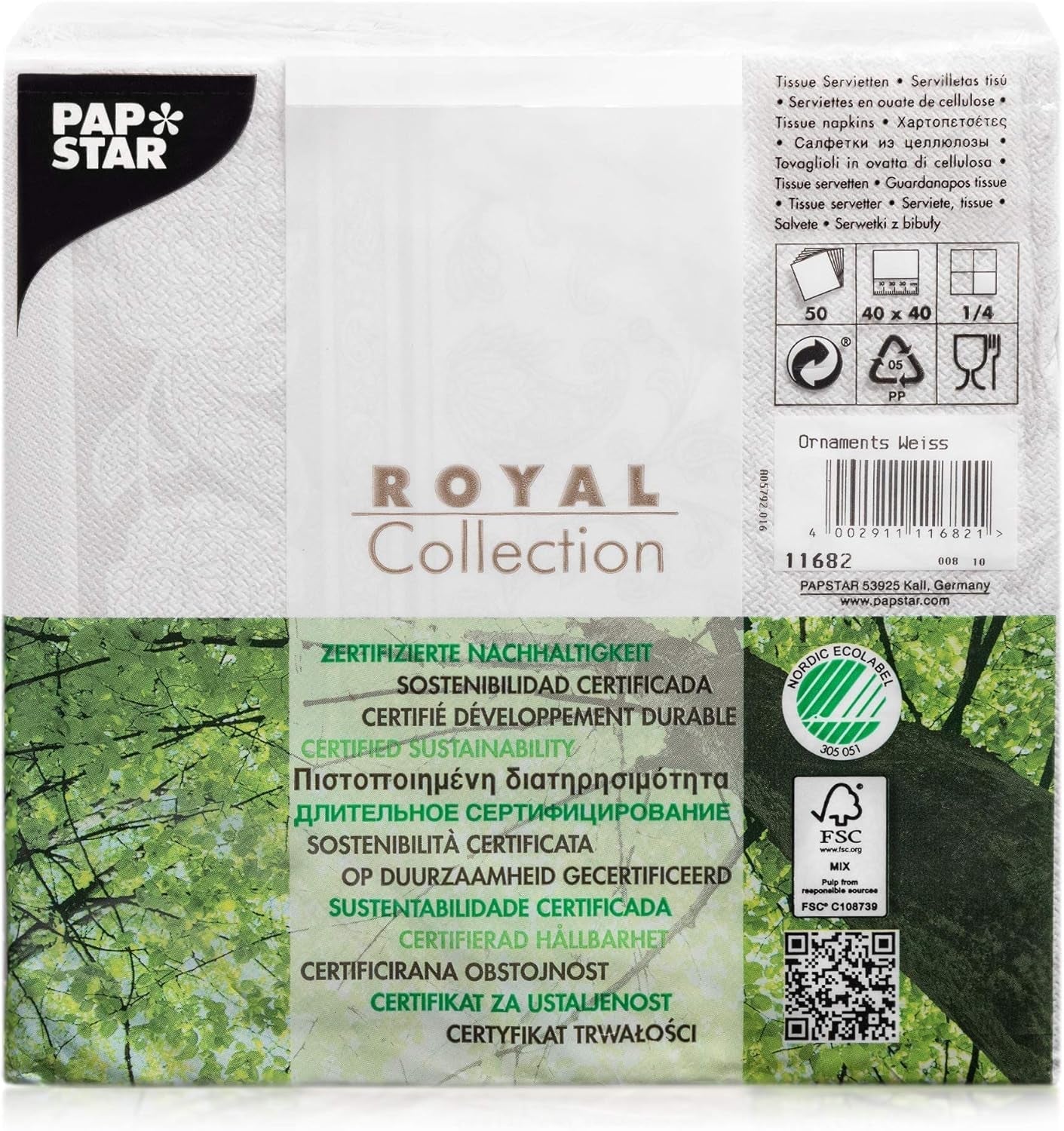 Papstar 11682 50 serviettes "Collection Royale" pli 1/4 40 X 40 cm "Ornements", blanc