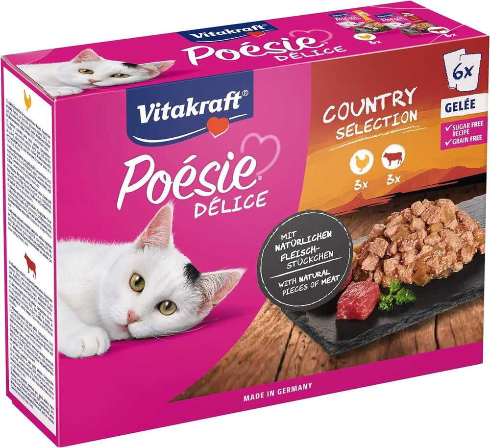 Vitakraft Poésie Délice, Country Selection, Nassfutter Katze, Katzennassfutter Gelee, au poulet, au bœuf (1 paquet de 6x 85g)