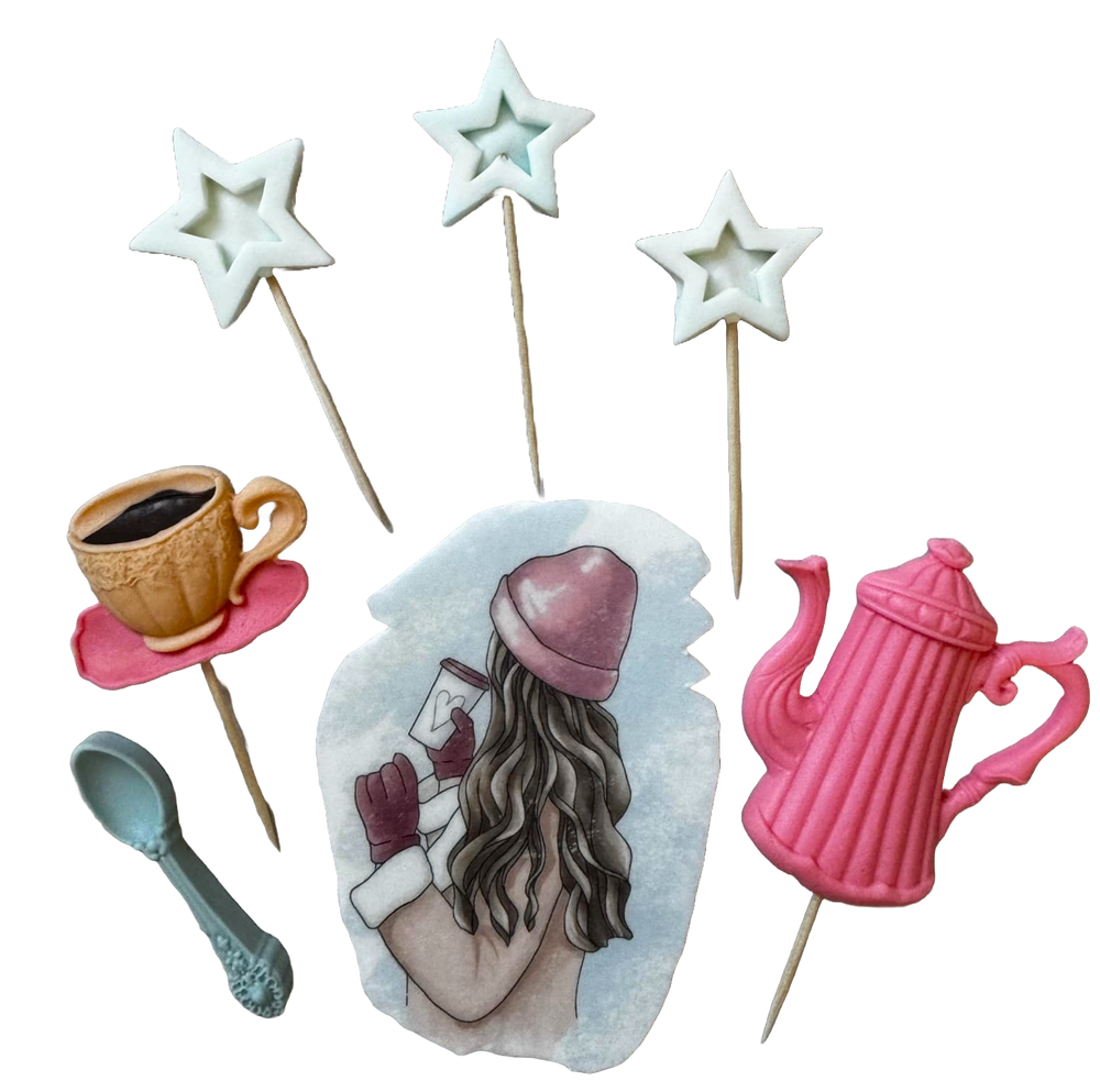 Set 7 decoratiuni comestibile din pasta de zahar, Beautiful Lady, caciula roz Decoratiuni din Pasta de Zahar Naty Shop