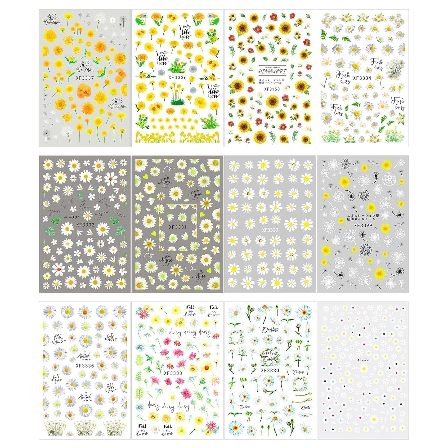 Autocollants pour ongles effet 3D, 12 feuilles, durcissement UV, fleur longue durée, autocollants pour ongles, marguerite jaune et blanche, pour Nail Art