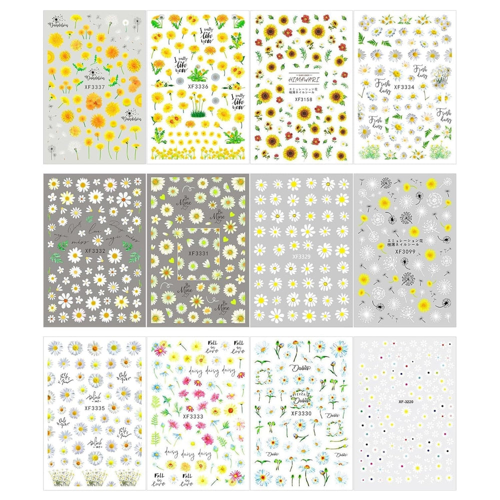 Autocollants pour ongles effet 3D, 12 feuilles, durcissement UV, fleur longue durée, autocollants pour ongles, marguerite jaune et blanche, pour Nail Art