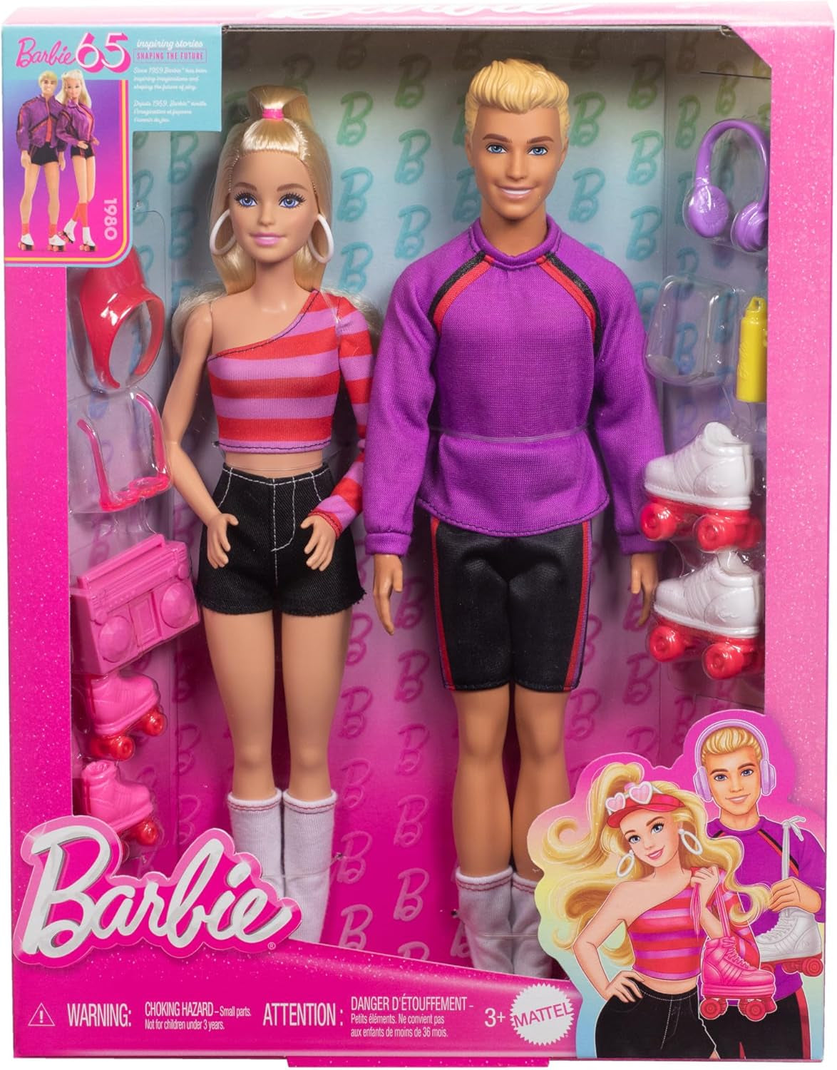 Barbie Fashionistas Coffret avec 2 poupées mannequins et 6 accessoires, poupées mannequins Barbie et Ken Roller Skating, figurines à collectionner 65e anniversaire, HXK90