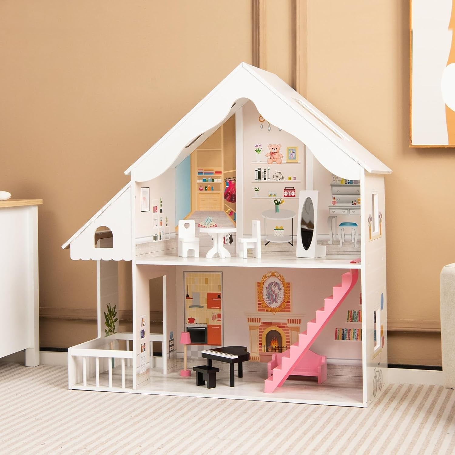 FANTASK Maison de poupée en bois, maison de poupée à 2 étages avec accessoires et meubles, jouet pour poupées de 28 à 36 cm, maisons de poupées à partir de 3 ans Naty Shop