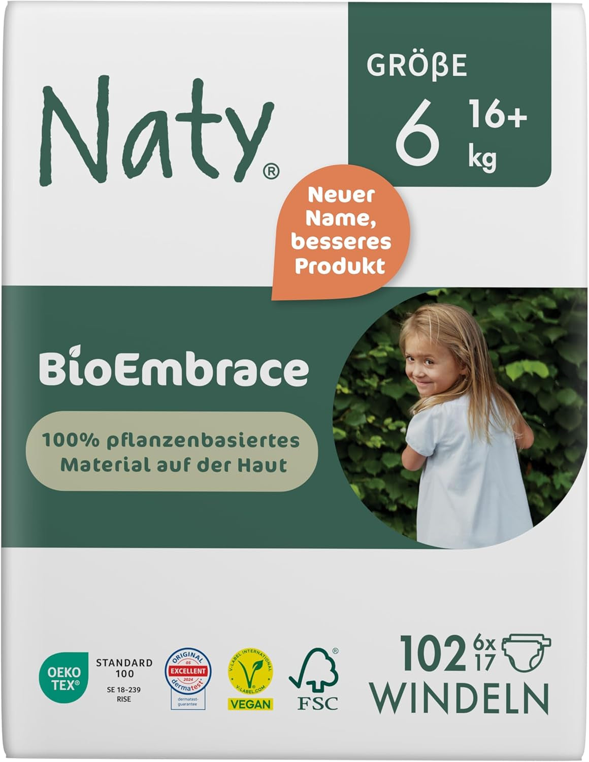 Scutece pentru bebeluși Naty BioEmbrace, mărimea 5 (11–25 kg) | 100% materiale pe bază de plante, delicate cu pielea | Moliciune respirabilă, testate dermatologic, absorbție excelentă | 80 buc.