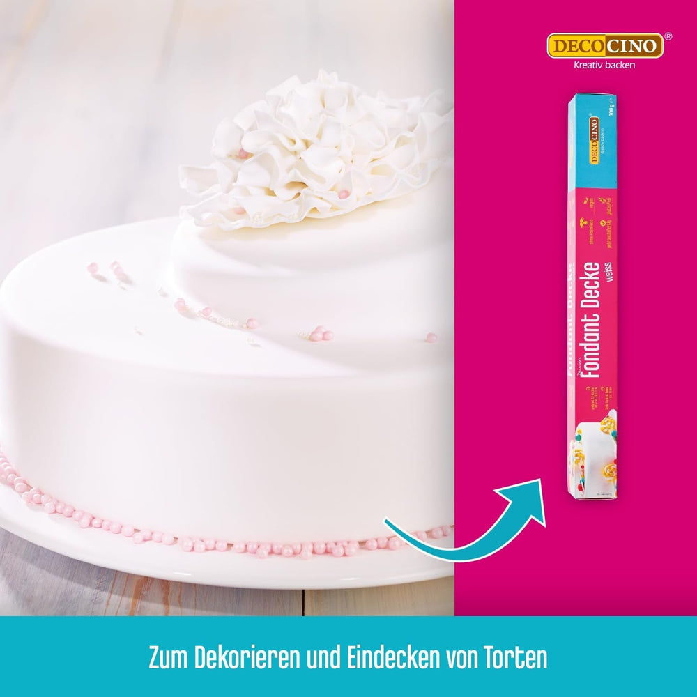 DECOCINO Rollfondant Decke Weiß – 300G – Gebrauchsfertige Fondant-Decke, Zum Eindecken & Verzieren Von Torten Und Kuchen – Glutenfrei & Vegan Glaçages et Décoration Naty Shop