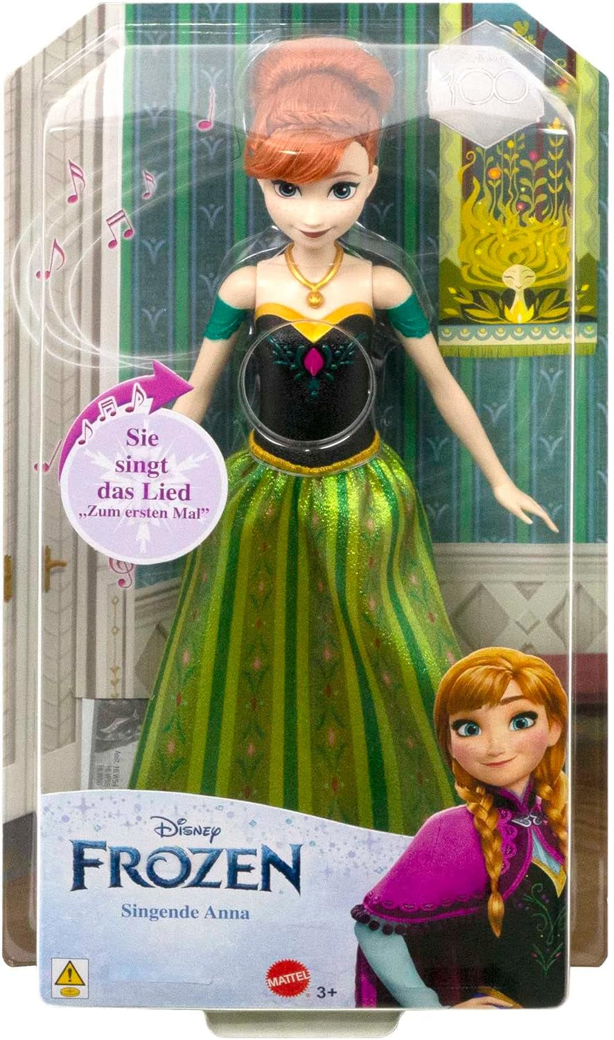 Mattel Disney Frozen Singing Anna Doll – Extrait de chanson de 30 secondes, tenue de château classique, jupe douce amovible, cheveux coiffables, pour enfants à partir de 3 ans, version allemande, HMG41