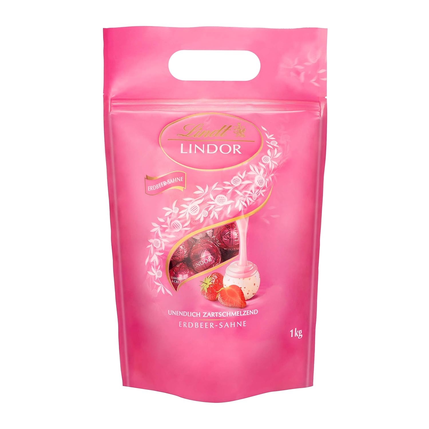 Boules de chocolat extra noir Lindt LINDOR et boules de chocolat crème aux fraises LINDOR | Sac refermable de 1 kg | env. 80 boules de chocolat blanc à la crème de fraise