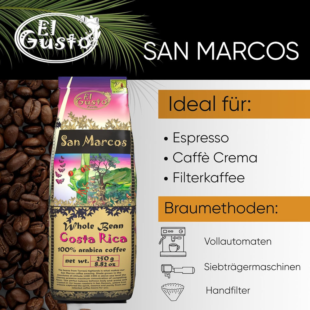 El Gusto San Marcos Café spécialisé | Ganzen Bohnen Mittlere Röstung | Café gastronomique avec Schokoladenaroma mit leichter Zitrussäure | Café 100 % Arabica du Costa Rica | Café de spécialité | 250 g