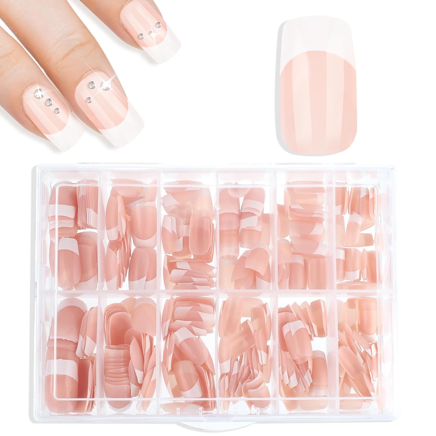 360pcs bouts d'ongles adhésifs pour ongles artificiels avec boîte de rangement et lime à ongles (rectangulaire)