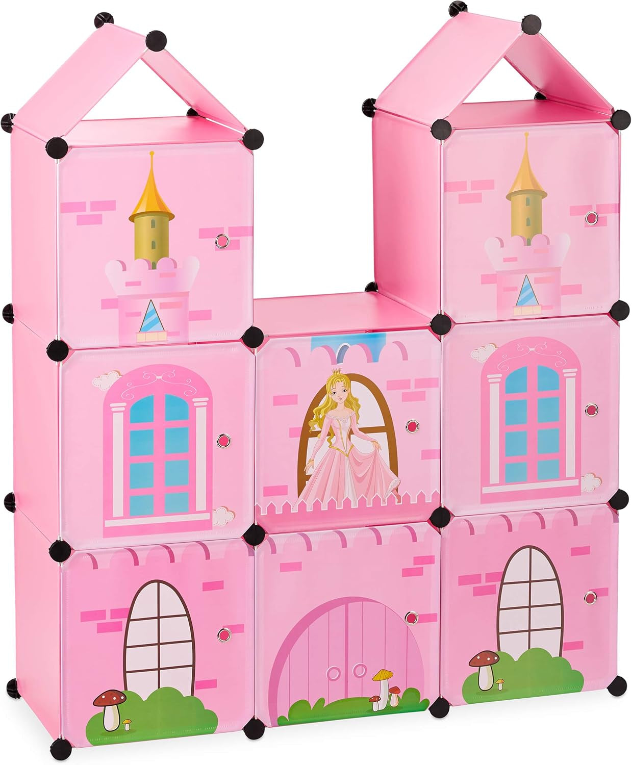 Etagère modulable Relaxdays pour chambre d'enfant, design château de princesse, plastique, meuble DIY avec portes, HL : 128 x 110 x 37 cm, rose
