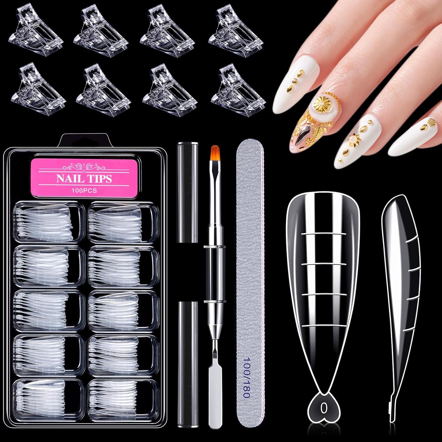 Ensemble de 120 formes d'ongles, extensions d'ongles, formes d'ongles en gel, ensemble de formes d'ongles avec brosse à double tête et lime à ongles avec clips, pour ongles en gel