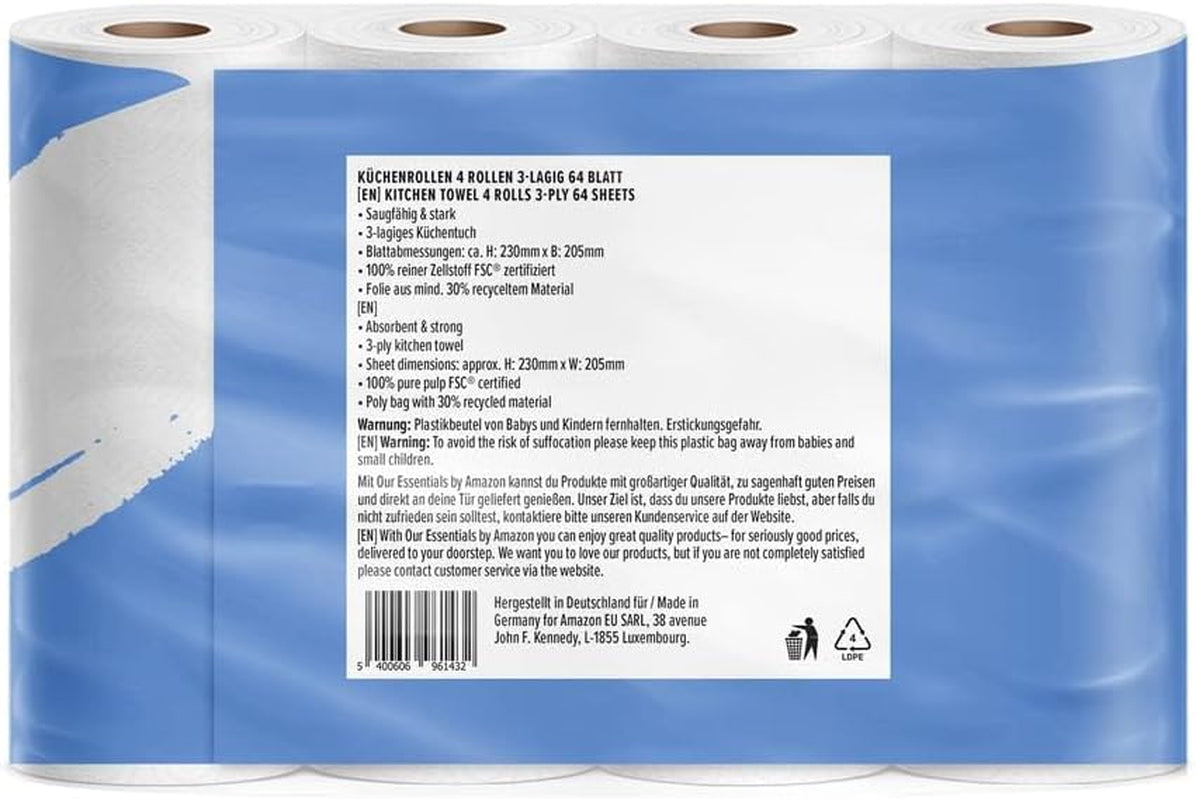 Par Amazon Rouleau de cuisine, 3 épaisseurs, 16 rouleaux (4 rouleaux, lot de 4), 64 feuilles par rouleau, certifié Fsc