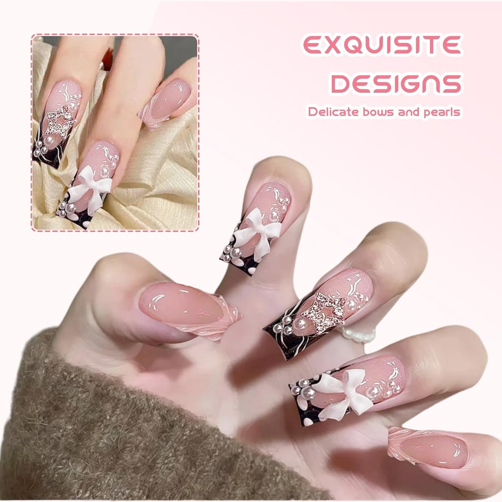 24 pièces de longueur moyenne strass rose carré perle paillettes 3D faux ongles pour femmes filles