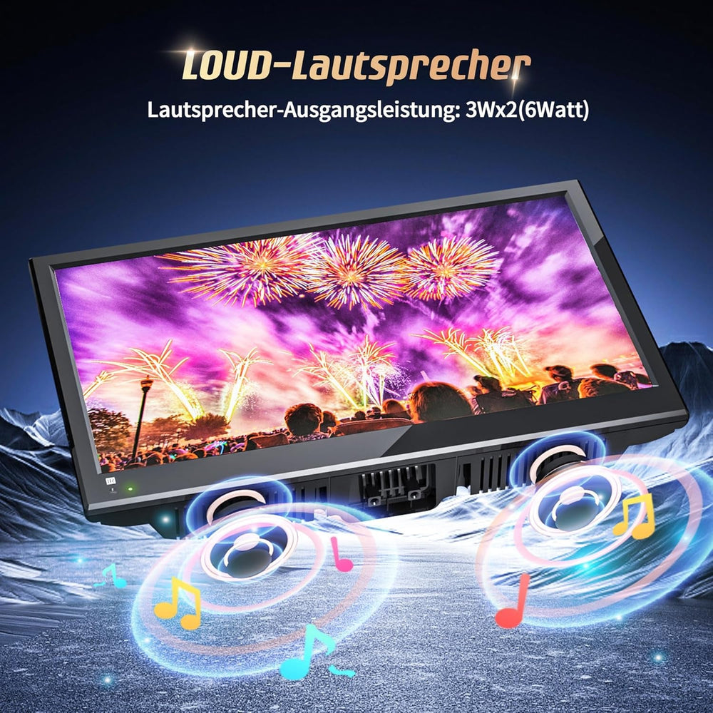 Mini televizor DESOBRY de 16 inci cu DVD player integrat, suport pentru mini televizor 1080p, antenă, HDMI, AV, intrare USB, televizor de 12V pentru camping/autorulote/caravane/autorulote