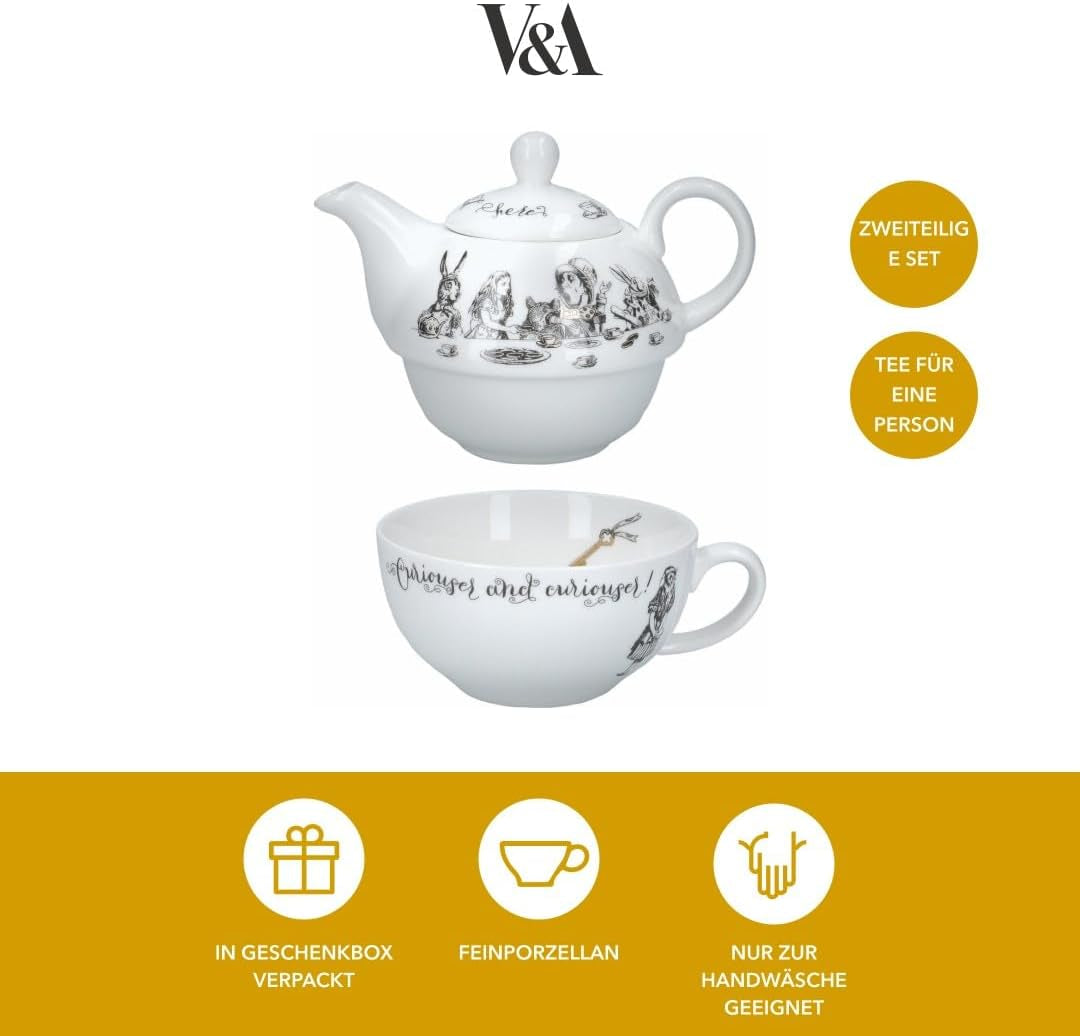 Ensemble théière et tasse Alice au pays des merveilles pour 1 personne dans un coffret cadeau, service à thé en porcelaine fine, blanc, 250 ml