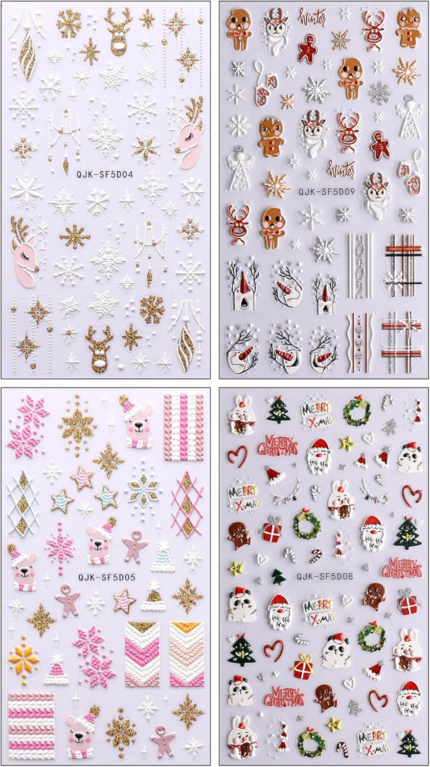 Autocollants pour ongles 3D de noël, 4 feuilles d'autocollants pour ongles 5D, stéréoscopiques, décorations, accessoires de conception d'ongles