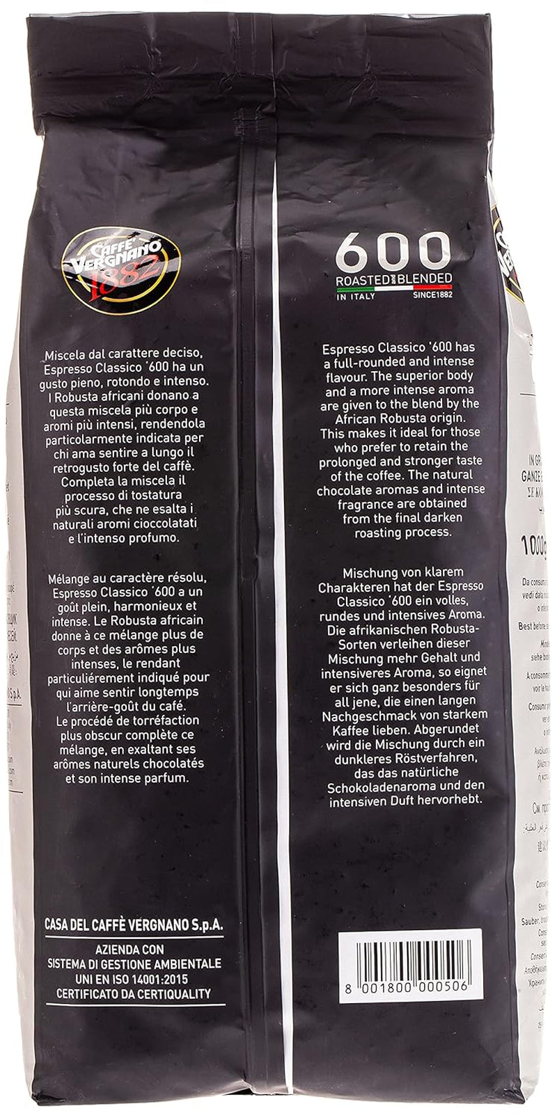 Vergnano Classico 600, Espresso en grains entiers, torréfaction foncée, 1000 g