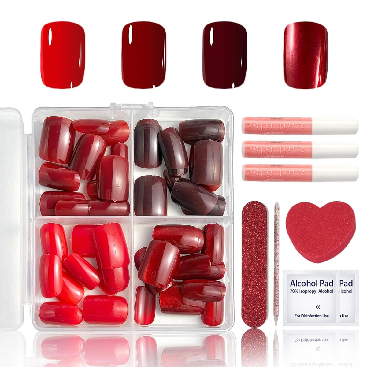 96 pièces d'ongles courts en acrylique rouge à couverture complète – ongles artificiels brillants naturels et confortables pour le Nouvel An pour femmes et filles (style rouge et brillant)