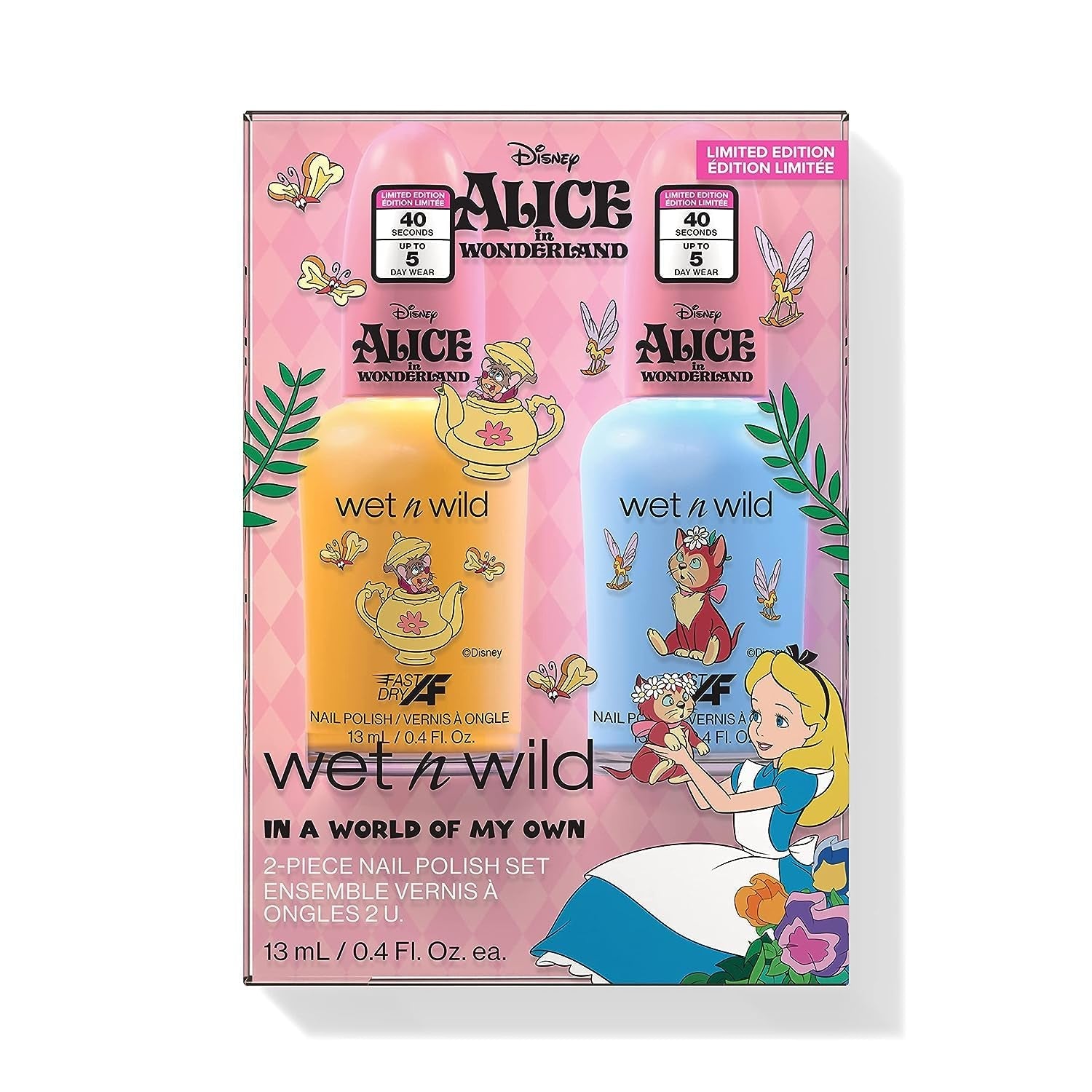 Wet n Wild Alice in Wonderland „In a World of My Own”, set de 2 oje cu o formulă cu uscare rapidă și de lungă durată, finisaj lucios, rezistă până la 5 zile