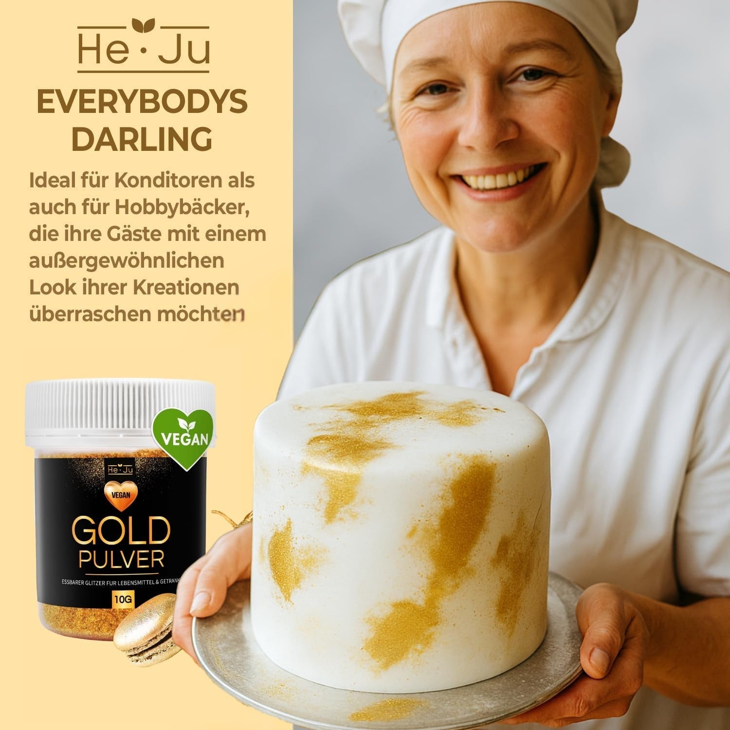 He-Ju 10 g de poudre d'or comestible végétalienne et sans E171, colorant alimentaire doré, paillettes comestibles pour boissons et aliments