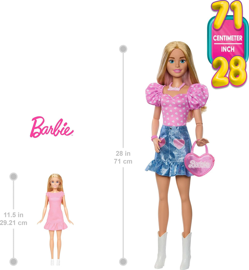 Poupée Barbie à la mode 71 cm blonde avec vêtements détachables haut rose jupe en jean bottes de cowboy collier et sac à main HYT84