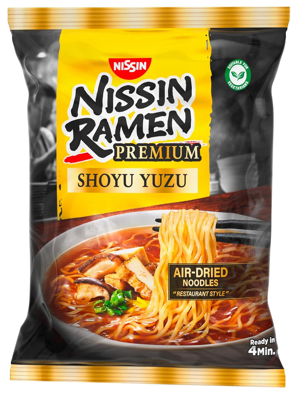 Nissin Ramen Premium - Shoyu Yuzu Lot de 10 nouilles instantanées séchées à l'air libre de style japonais aromatisées à la sauce soja Yuzu et aux poireaux séchés (10 x 92,7 g)