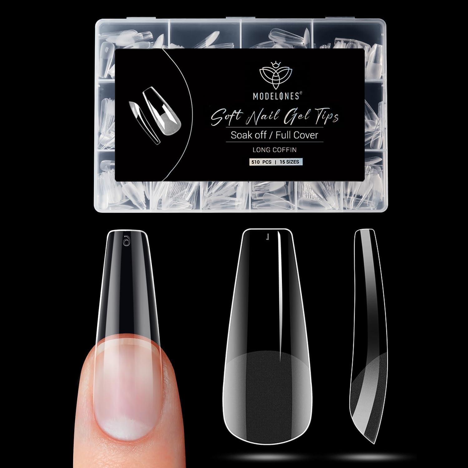 Modelones Nail Tips 510 pièces – Ensemble de pointes d'ongles à couverture complète, ensemble de pointes en gel, pointes d'ongles en résine PMMA pré-polonées, ongles artificiels à coller sur Nail Art DIY, Squoval court
