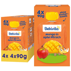 Sachets compressibles mangue, pomme et pêche - Paquet de 16 (paquet de 4, 4 x 90 g chacun), sans sucre ajouté, sans gluten, idéal pour les collations emballées et en déplacement