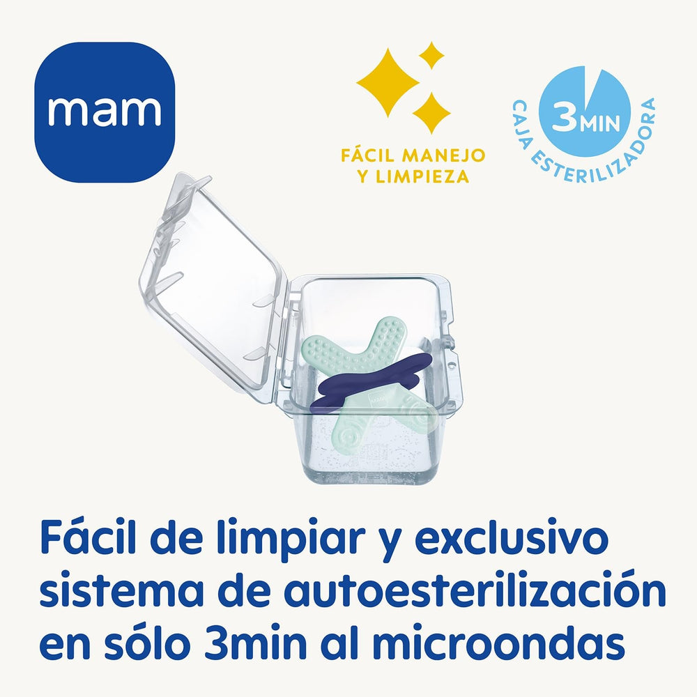 MAM Anneau de dentition, 4 mois et plus, soulagement immédiat en cas d'éruption ultérieure, extra léger et facile à saisir et à tenir, avec boîte auto-stérilisante, rose, 1 pièce